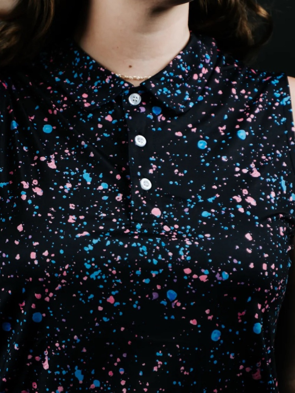 Women's Black Splatter Polo Shirt - Pink & Blue